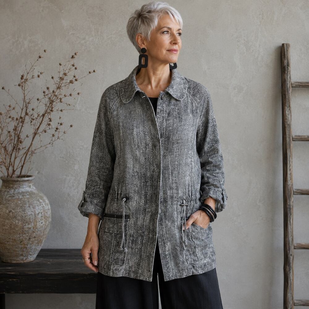 Chico's Tan Black Linen Blend Animal Print Jacket 1